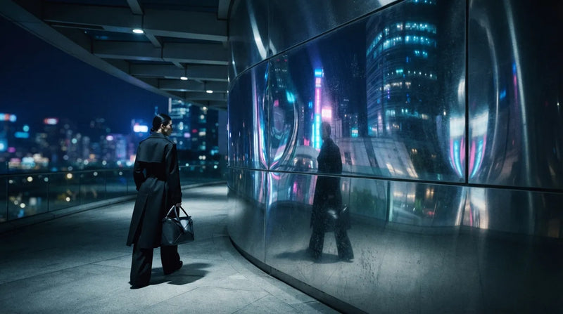 A person in a black trench coat walking along a metallic curved wall reflecting city neon lights, embodying the CasePoppi aesthetic philosophy.