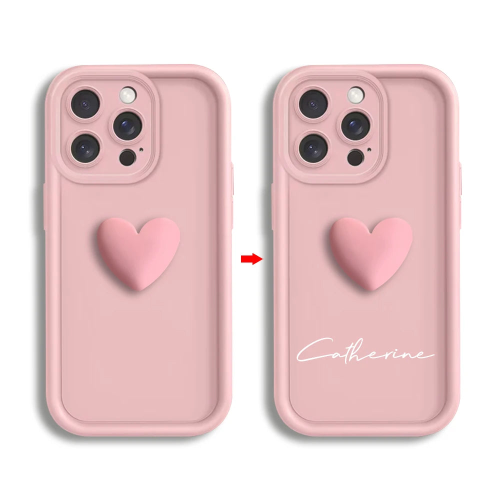 Soft pink aesthetic phone case from CasePoppi with a cute 3D heart and custom signature text.