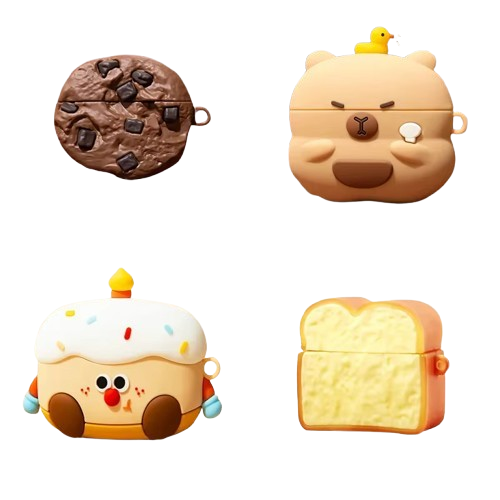 The Bakery Party Case Collection by CasePoppi, featuring 3D Chocolate Cookie, Bear Chef, Cake, and Toast designs for AirPods, fun dessert series.
