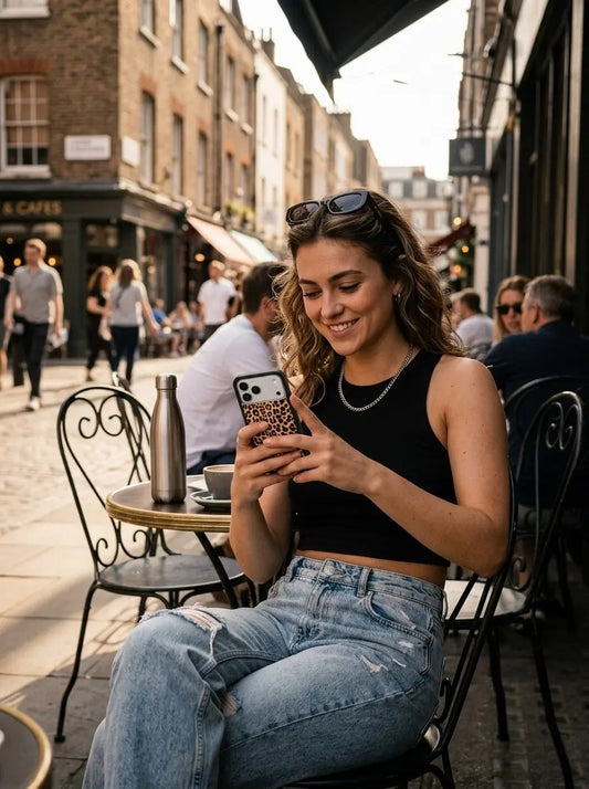 A smiling woman sitting at an outdoor street cafe, using her phone with a sleek phone case in a casual city lifestyle setting.