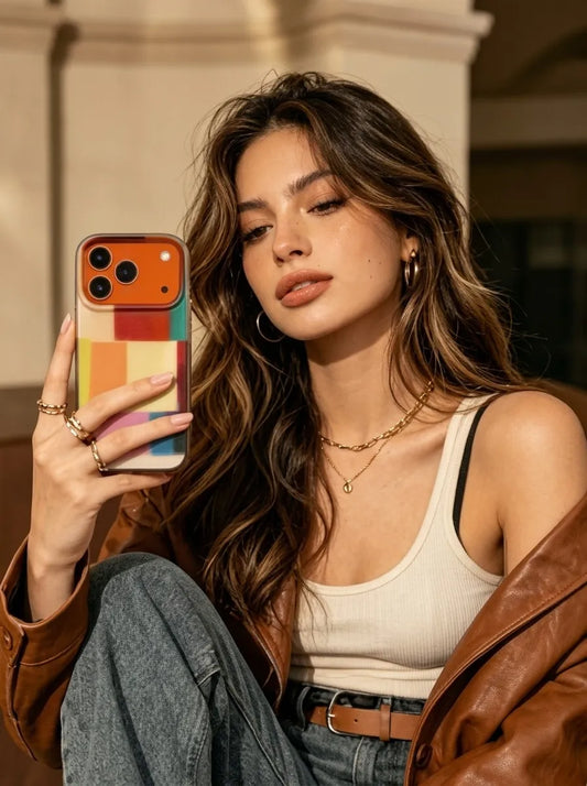 A fashion model taking a mirror selfie featuring a CasePoppi colorful geometric checkerboard phone case and a brown leather jacket.