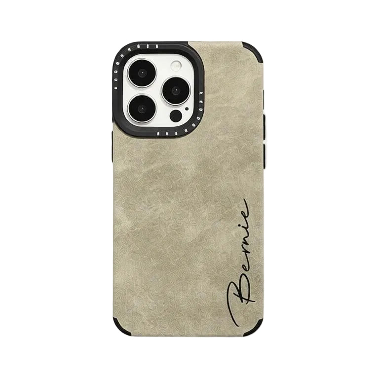 CasePoppi khaki beige textured leather phone case with a personalized vertical cursive name.