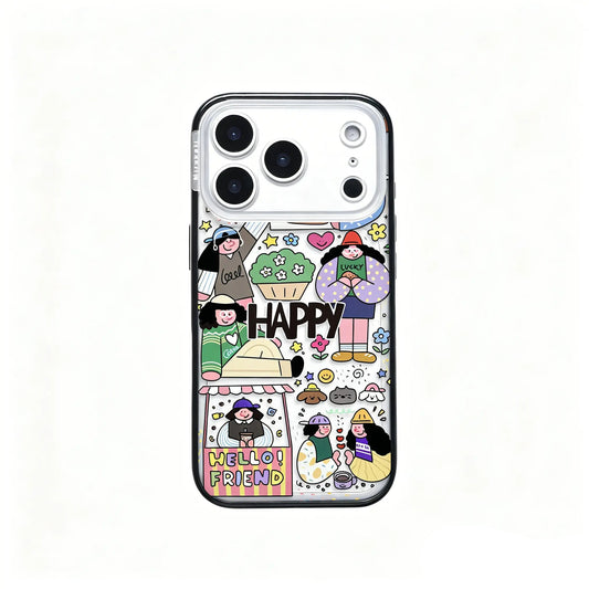Side angle view of the CasePoppi Happy Friends Cafe Collage phone case showing the protective camera bezel and slim design.