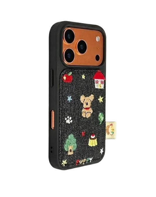 Side view of the CasePoppi Home Buddy phone case showing the premium embroidery texture and protective camera ring.