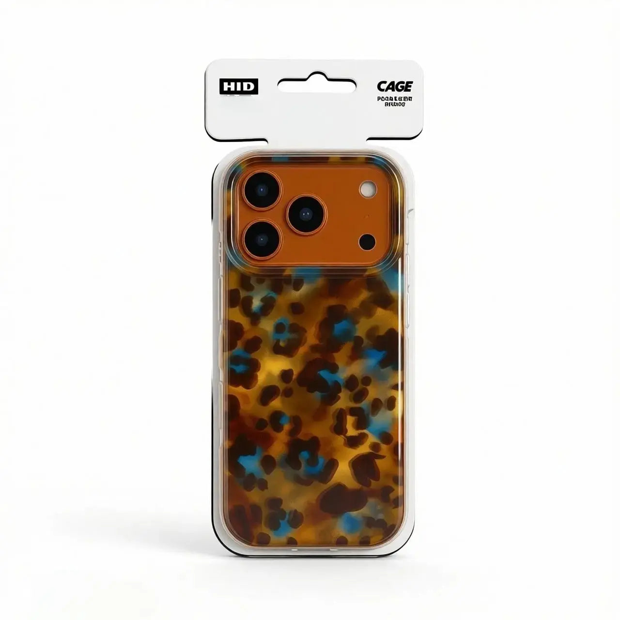 Official retail packaging of the CasePoppi Leopard Blues phone case featuring the signature blue leopard pattern.