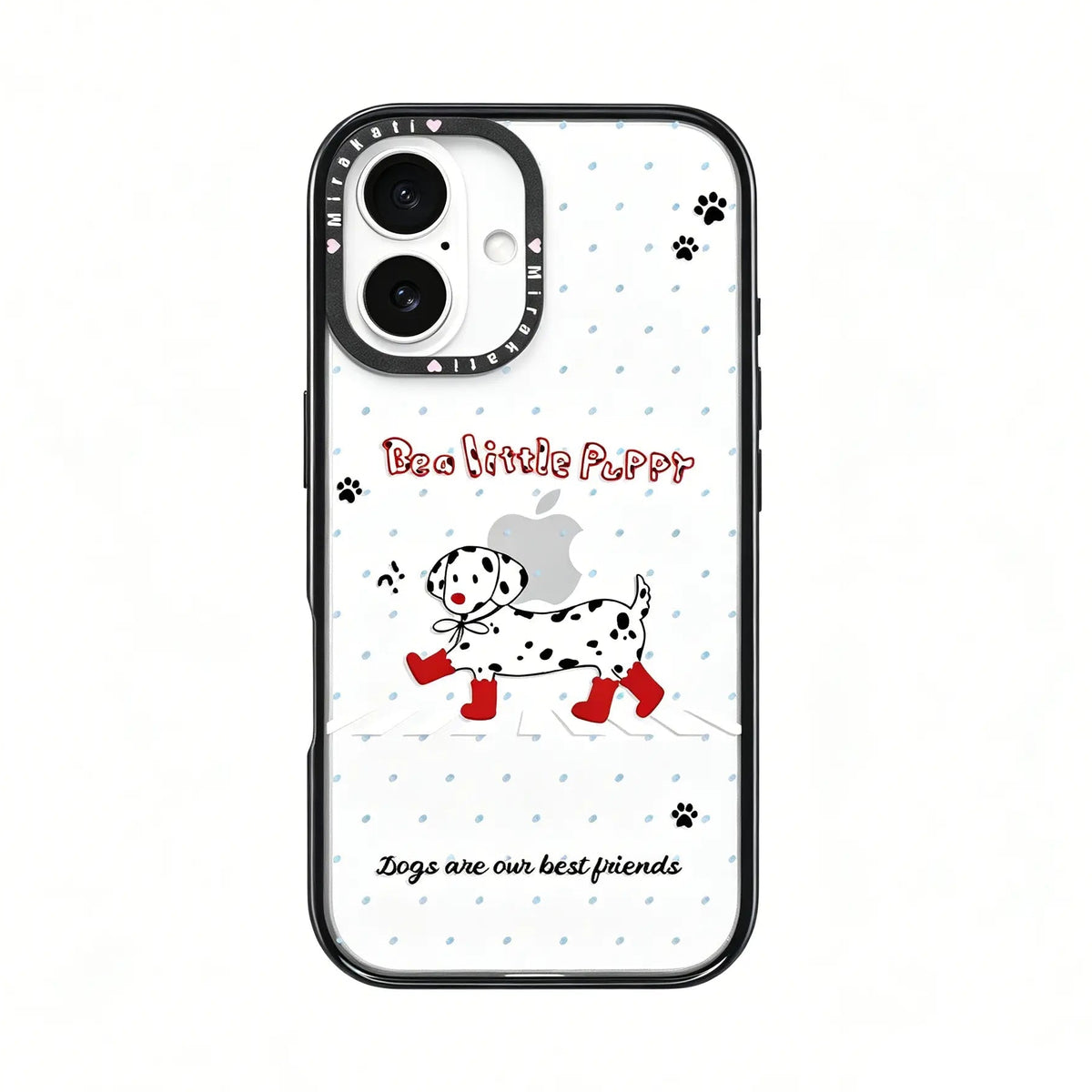 Side angle view of the CasePoppi Red Boot Dalmatian Walk phone case highlighting its protective camera ring.