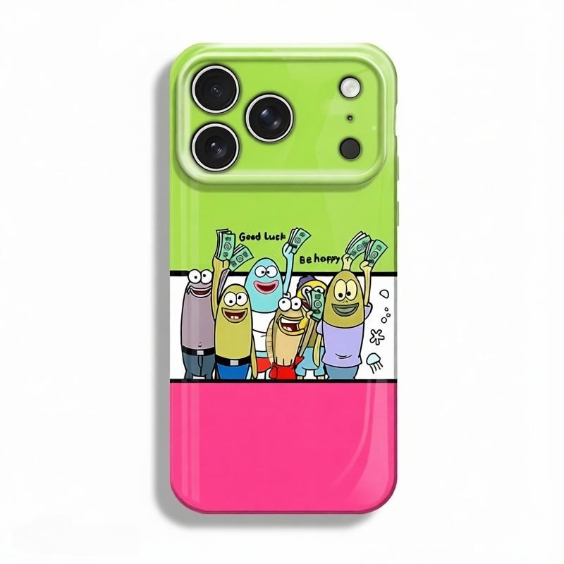 CasePoppi SpongeBob SquarePants "Good Luck Be Happy" phone case featuring characters holding money with green and pink accents.