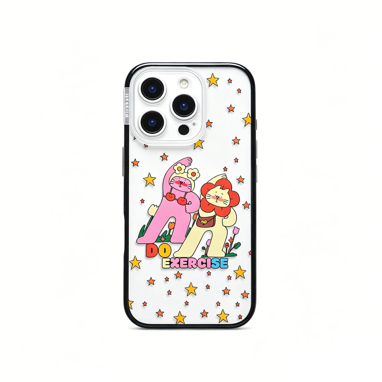 Side angle view of the CasePoppi Starry Duo Fitness Journal phone case showing its slim profile and protective camera ring.