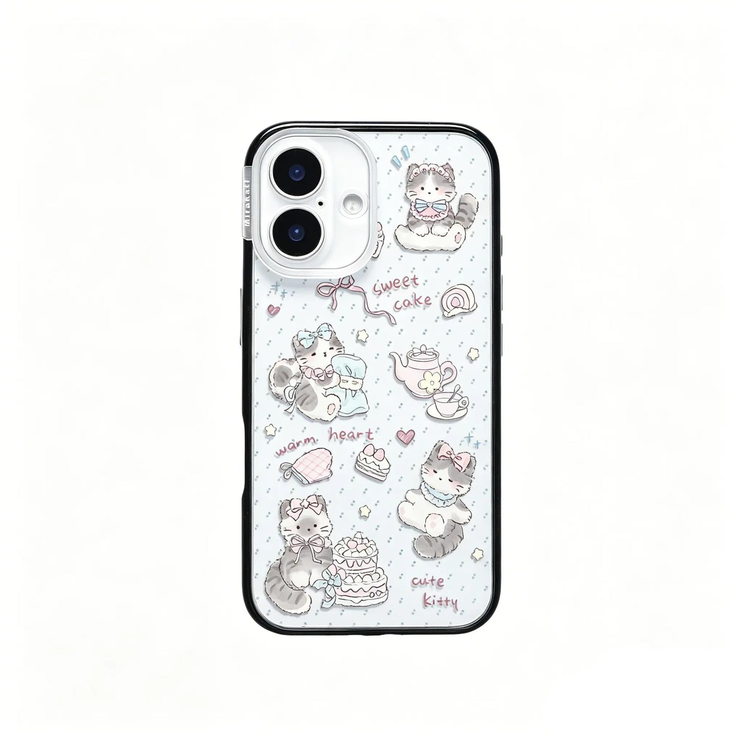 Frontal view of the CasePoppi Sweet Kitten Tea Party phone case in its premium brand retail packaging.