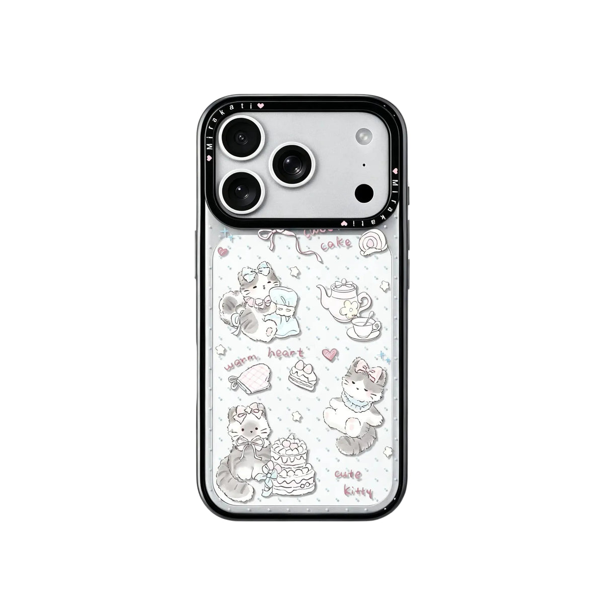 CasePoppi aesthetic phone case featuring a cute kitten tea party illustration with vibrant colors and artistic doodles.