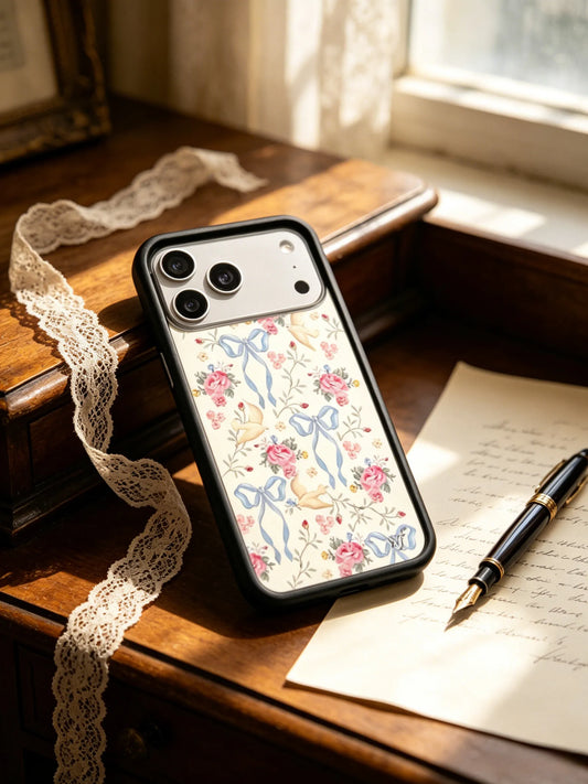 The CasePoppi The Dove's Letter vintage floral and blue ribbon case displayed on a dark wooden desk next to a retro fountain pen and old manuscript.
