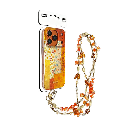 Side perspective of the CasePoppi Vintage Daisy floral case highlighting the beaded strap and retail packaging.