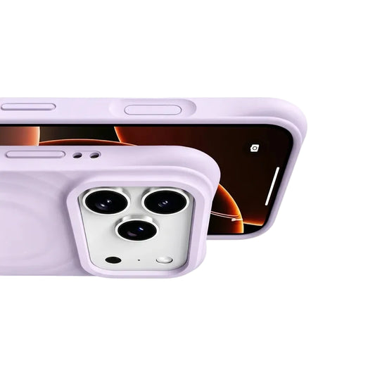 Detail shot of a CasePoppi Lavender wave case showing precise button cutouts and the protective ripple texture.