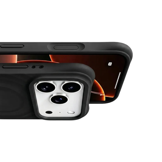 Detail shot of a CasePoppi black wave case showing precise button cutouts and the protective ripple texture.