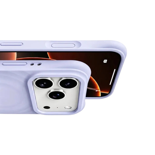 Detail shot of a CasePoppi Periwinkle wave case showing precise button cutouts and the protective ripple texture.