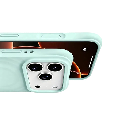 Detail shot of a CasePoppi Sage Green wave case showing precise button cutouts and the protective ripple texture.
