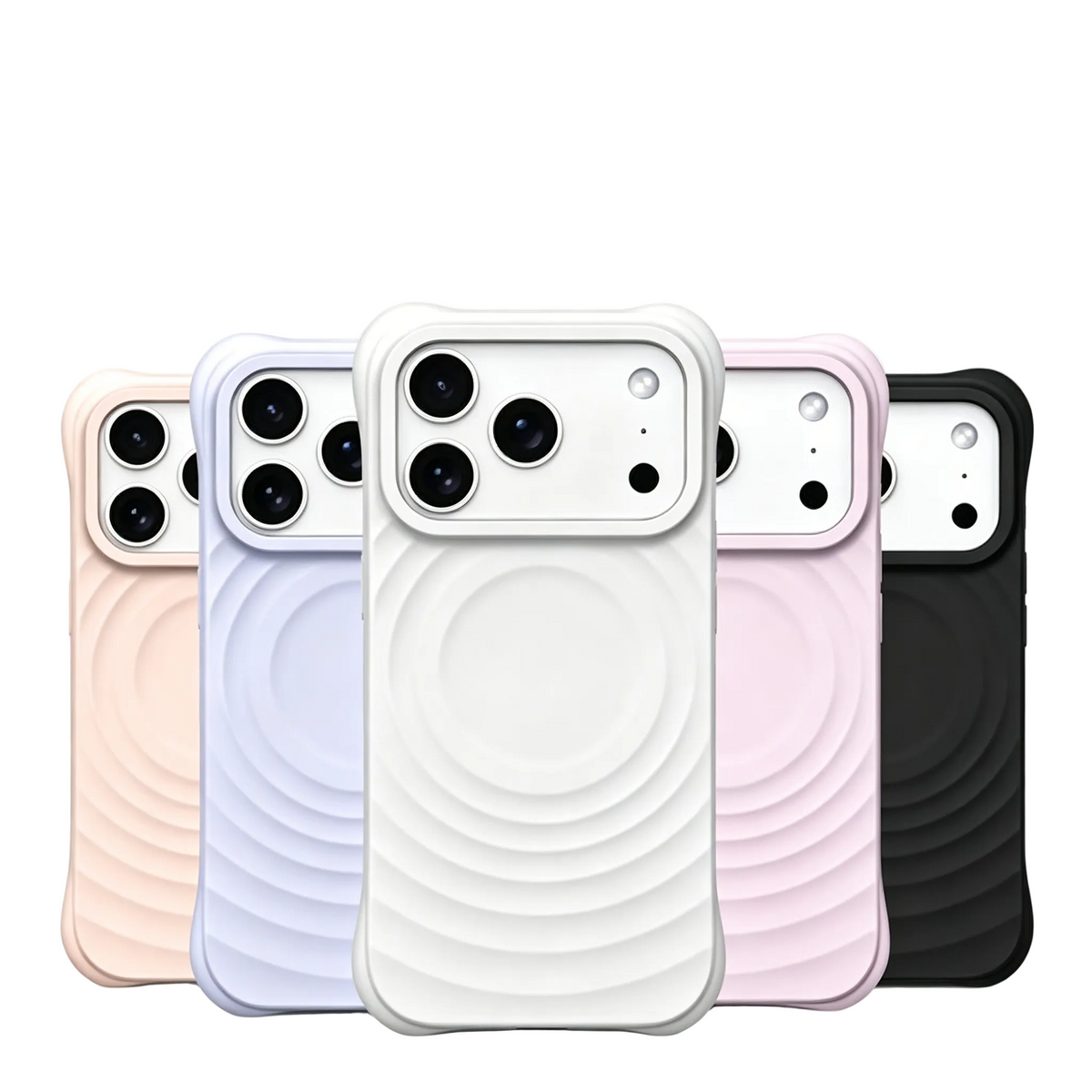 A collection of CasePoppi wave-textured MagSafe phone cases shown in various trendy pastel colors.