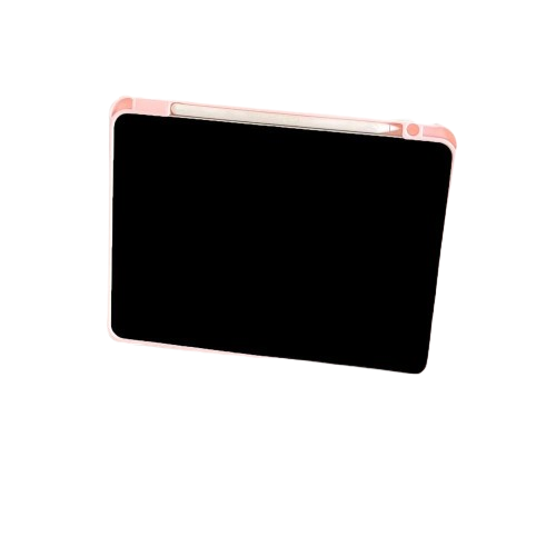 Angled perspective of CasePoppi Polka Dot iPad Case, showing the precise built-in Apple Pencil holder slot and clear mirrored back aesthetics.