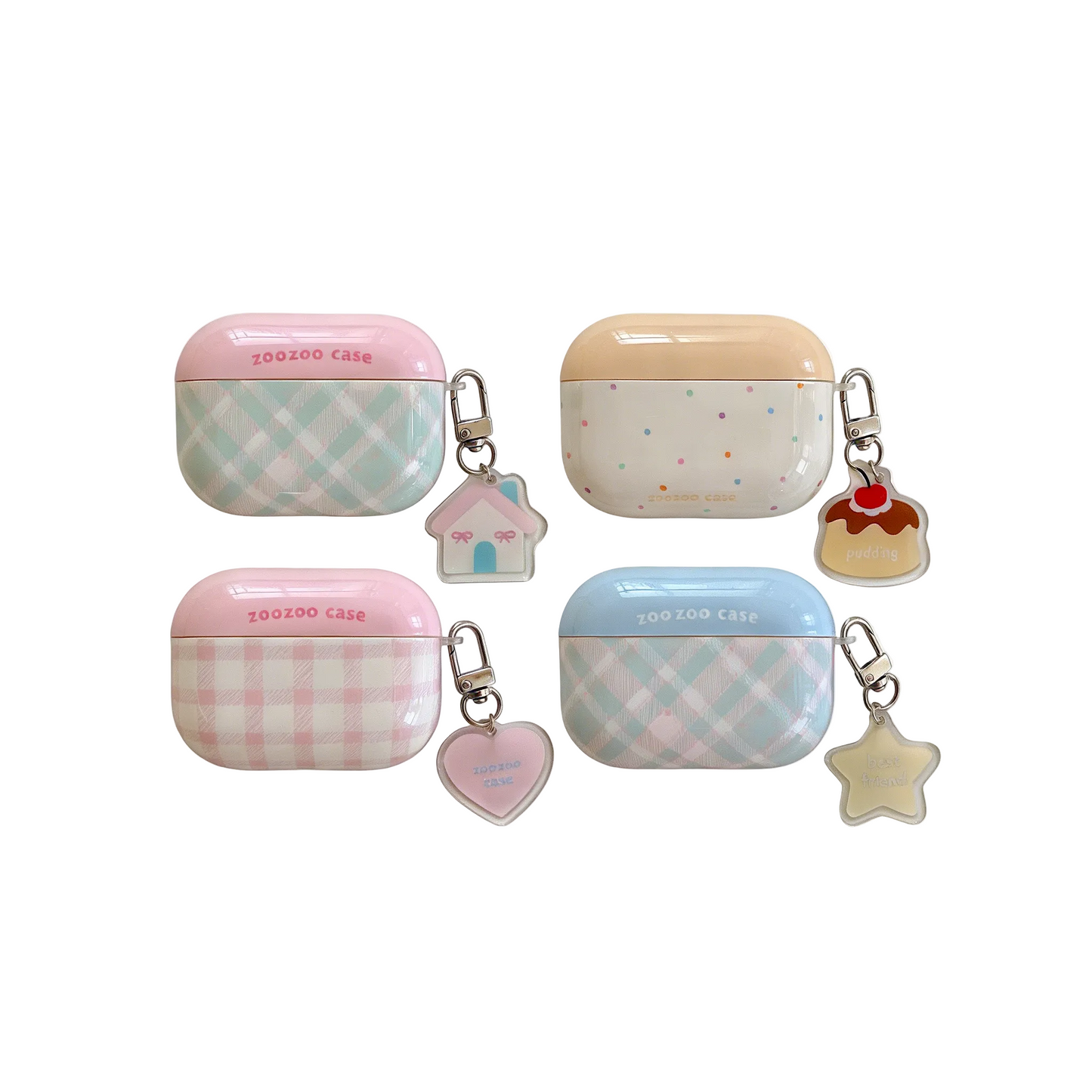 Four colorful airpod cases with charms on a white background