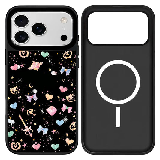Celestial aesthetic black phone case with a scattered print of pink ribbon bows, heart-shaped magical wands, and celestial symbols for a retro anime look.
