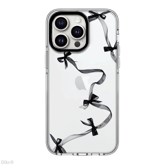 Y2K aesthetic mirror case for iPhone with cute transparent back and black silk bow print for women and girls