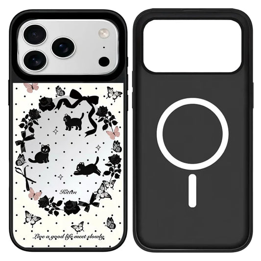 Vintage aesthetic kitten phone case with black frame featuring adorable black cat illustration butterfly and rose garland for women and girls