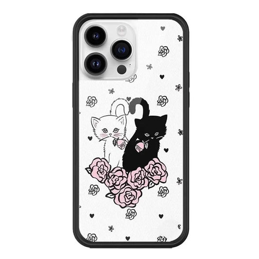 Artistic Hand-drawn iPhone 16 Pro Max Back Cover featuring Adorable Black and White Cats sitting atop Pastel Pink Roses Whimsical Sketch Design with Celestial Heart Sparkles High-Definition Printing.