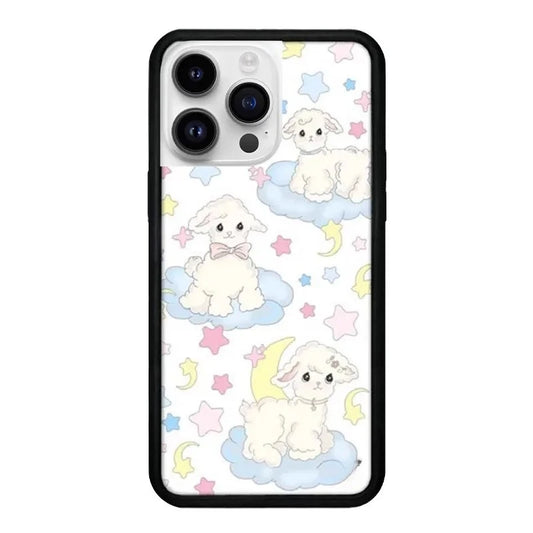 iPhone 16 Pro Max Back Cover featuring Maximalist Mixed Cartoon Pattern of Sheep, Stars, and Crescent Moons Cozy Pastel Tones Mood-Boosting Accessory with Tactile Soft Finish