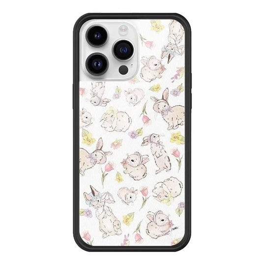 French Country Style iPhone 16 Pro Max Case featuring Intricate Hand-drawn Bunnies with Ribbons and Spring Tulips