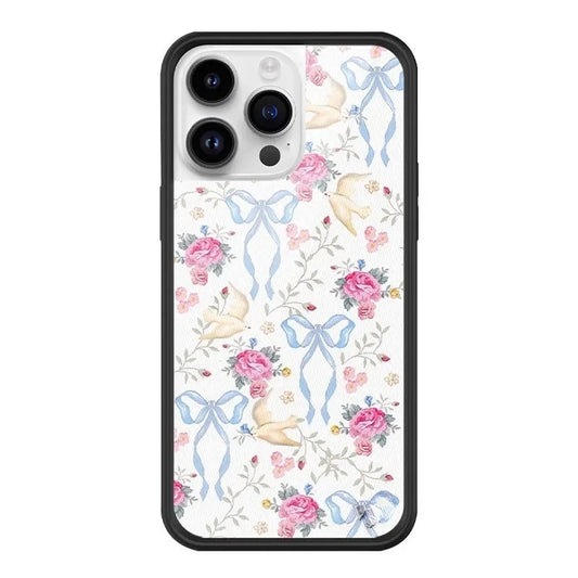 iPhone 16 Pro Max Maximalist All-over Pattern Cover with Cute Shabby Chic Retro Flower and Dove Doodles Coquette Aesthetic with Tactile Soft Finish Mood-boosting Phone Accessory