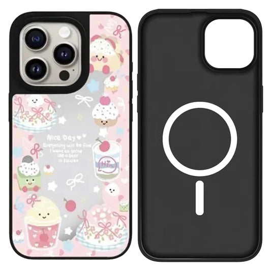 Preppy iPhone 16 Pro Max Case with Dreamy Pink Treats and Bows Selfie-ready Mirror Surface Back Cover for Trendy Girls