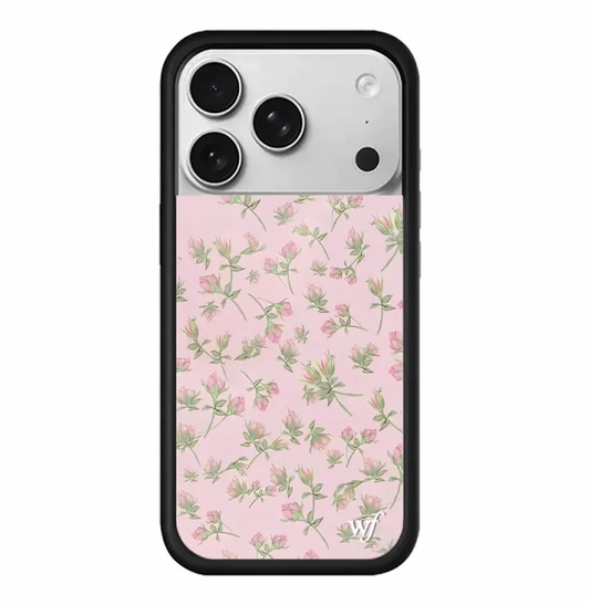 Cute pink rosebud floral pattern phone case for iPhone 17 Pro, dainty flower design on clear cover, protective black bumper.