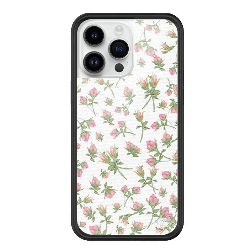 Coquette aesthetic phone case, dainty pink flower bud print on white background for iPhone 17 Pro Max, vintage floral protective mobile accessory.