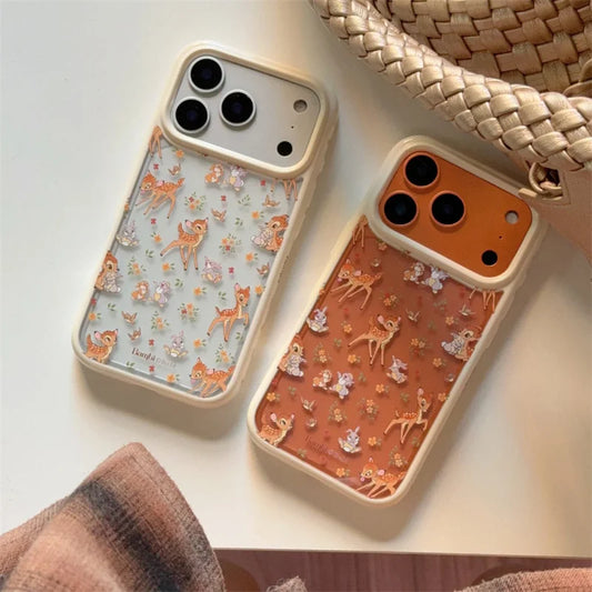 Coquette style phone case duo with woodland animals and tiny flowers, cute iPhone 17 Pro Max protective cases with straw bag.