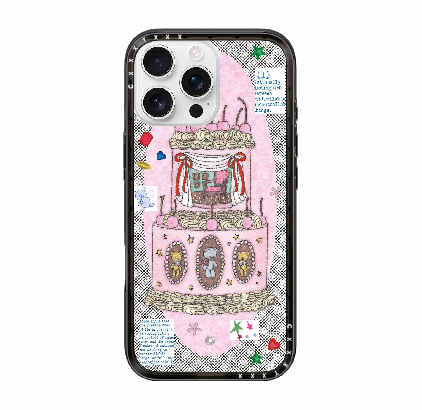 Front view of a maximalist iPhone case featuring a black mesh pattern backdrop. Centered is a large illustration of a stacked three-tier pink cake. The cake holds a dollhouse with furniture and teddy bear cameos. Integrated text fragments read 'Stoics argue...' and numbers. Stars and small hearts float around the cake.