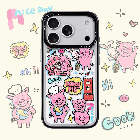 CasePoppi Phone case with cartoon pigs and colorful text on a light background
