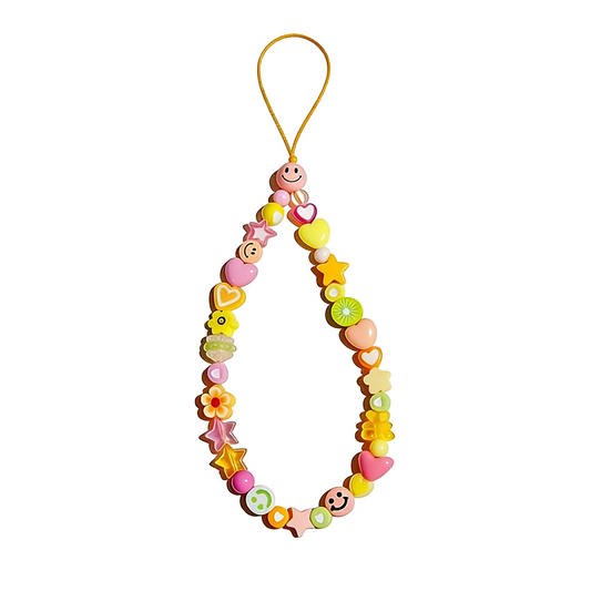 CasePoppi Pastel Rainbow Beaded Phone Strap, yellow cord with soft-toned smiley faces, flowers, stars, and assorted fruit-shaped acrylic beads.
