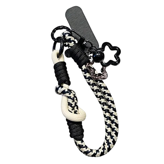 CasePoppi Industrial Black Braided Phone Lanyard, black and white houndstooth pattern cord, black O-rings and a star hook.