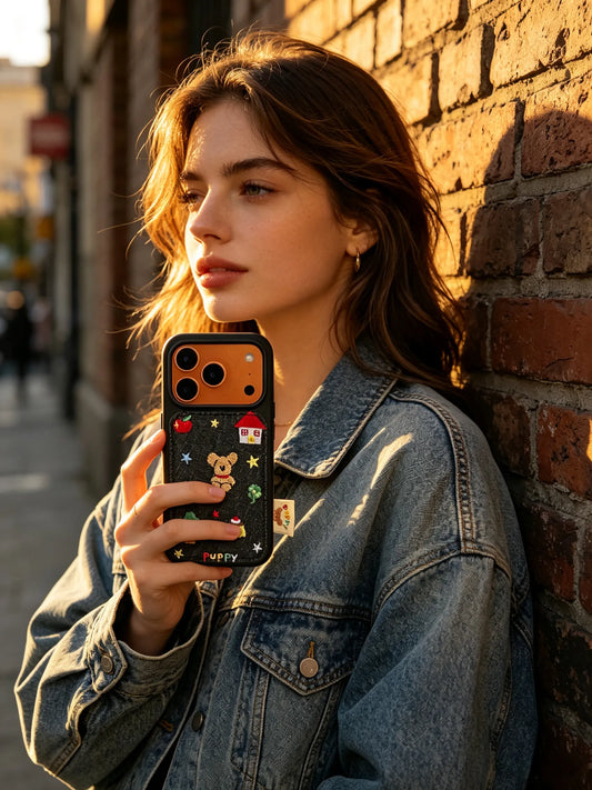 A warm golden hour lifestyle photo of a young woman in a denim jacket leaning against a brick wall, holding a black phone case with cute colorful stickers.