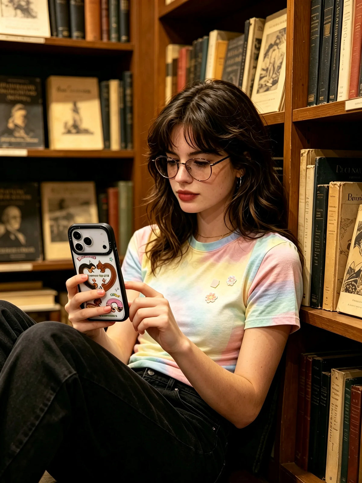 An aesthetic lifestyle photo of a young woman with glasses wearing a pastel tie-dye t-shirt, sitting on the floor of a vintage bookstore surrounded by bookshelves while using her phone.