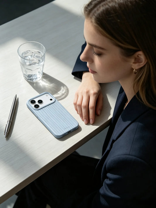 An aesthetic desk setup photo of a young woman sitting by a sunny window, holding a soft cloud teal blue textured phone case next to a glass of water.