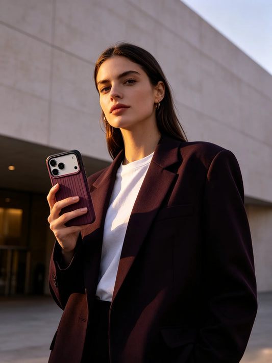 An edgy city streetstyle photo of a woman wearing an oversized dark purple blazer, holding a deep plum purple textured phone case.
