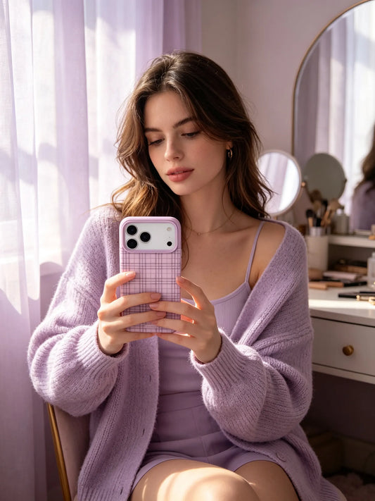 A cozy aesthetic indoor photo of a young woman wearing a mauve purple cardigan, holding a matching soft purple plaid phone case.