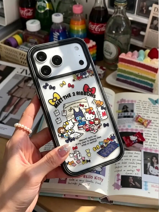 A close-up hand aesthetic shot of a clear phone case decorated with vibrant Hello Kitty and Sanrio character stickers, placed over a creative bullet journal layout.
