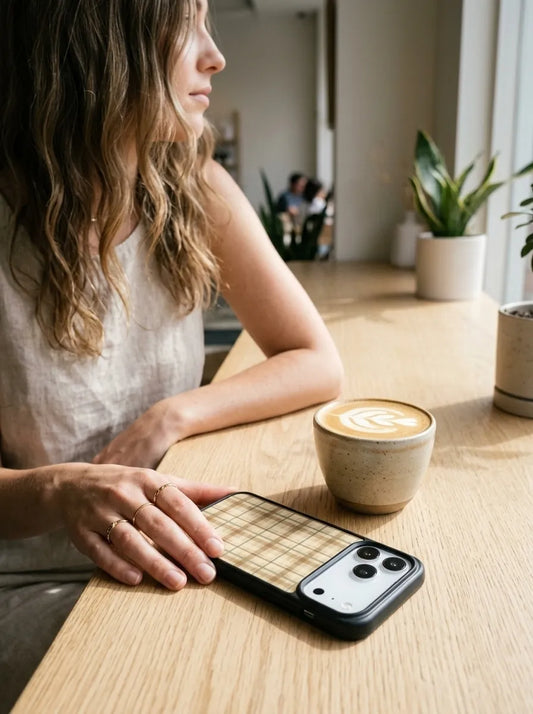A aesthetic coffee shop table setup featuring a brown tartan plaid phone case resting on a wooden counter next to a cup of latte art coffee.