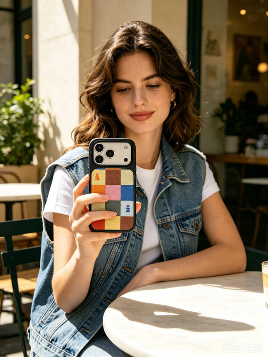A playful fashion photo of a young woman wearing a denim vest, displaying a multicolor geometric patchwork phone case at an outdoor cafe.