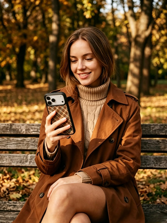 An autumn aesthetic photo of a smiling woman wearing a brown trench coat and turtleneck sweater sitting on a park bench with a brown checkered phone case.