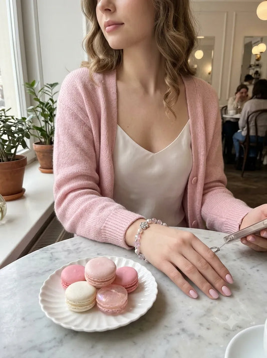 A sweet Parisian cafe lifestyle photo of a woman in a pastel pink cardigan sitting by macarons, wearing a dainty beaded phone charm on her wrist.