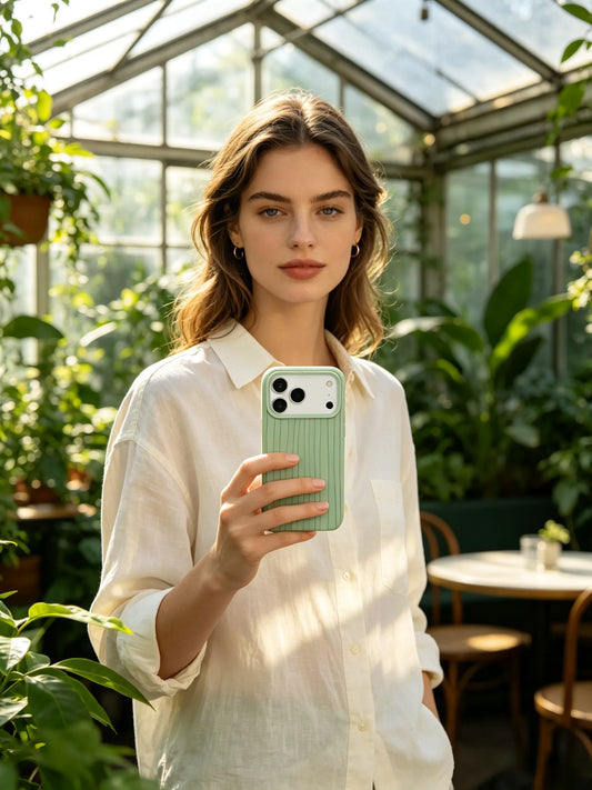 A serene natural photo of a woman in a linen shirt holding a pastel sage green grooved phone case inside a botanical greenhouse.