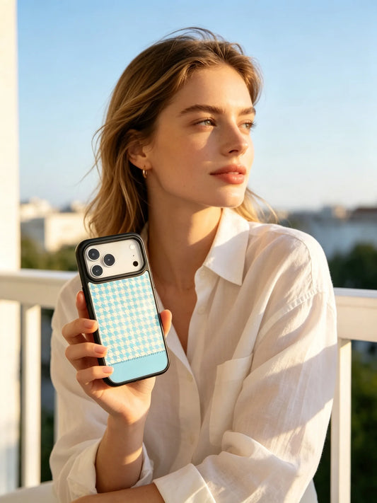 A bright golden hour photo of a woman in a white button-down shirt standing on a balcony, holding a light sky blue houndstooth patterned phone case.